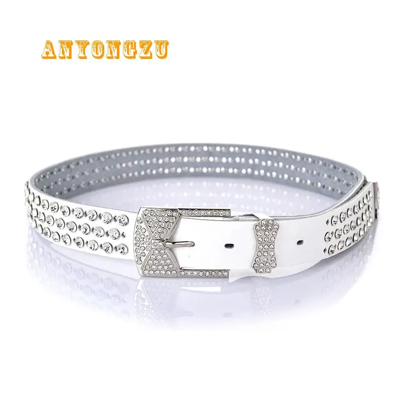 

ANYONGZU Fashion Women Belt Hollow With Crystal Decoration Wide Genuine Cowhide Matching Trouser And Bowknot Stone 105CM White