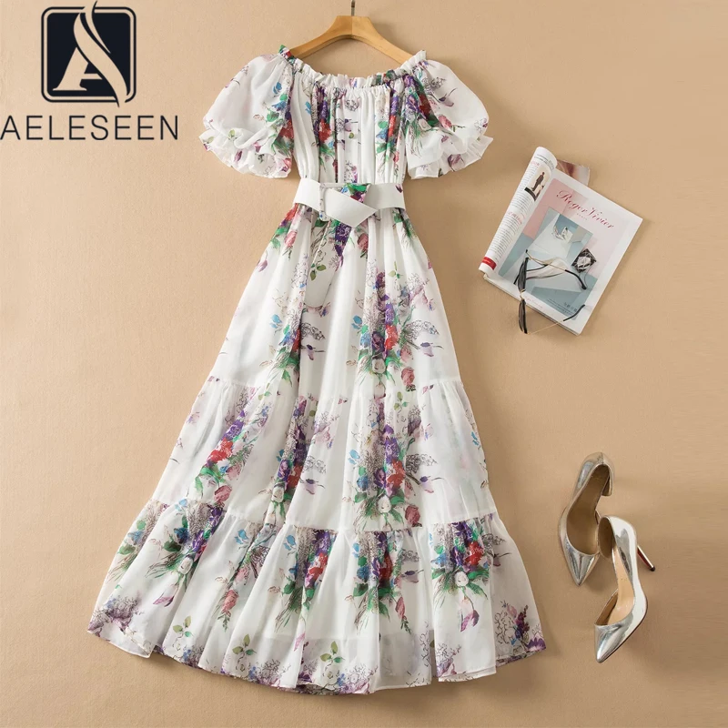 

Женское пляжное платье AELESEEN, длинное платье в богемном стиле с рукавами-фонариками и вырезом лодочкой, Вечерние Платья с цветочным принтом