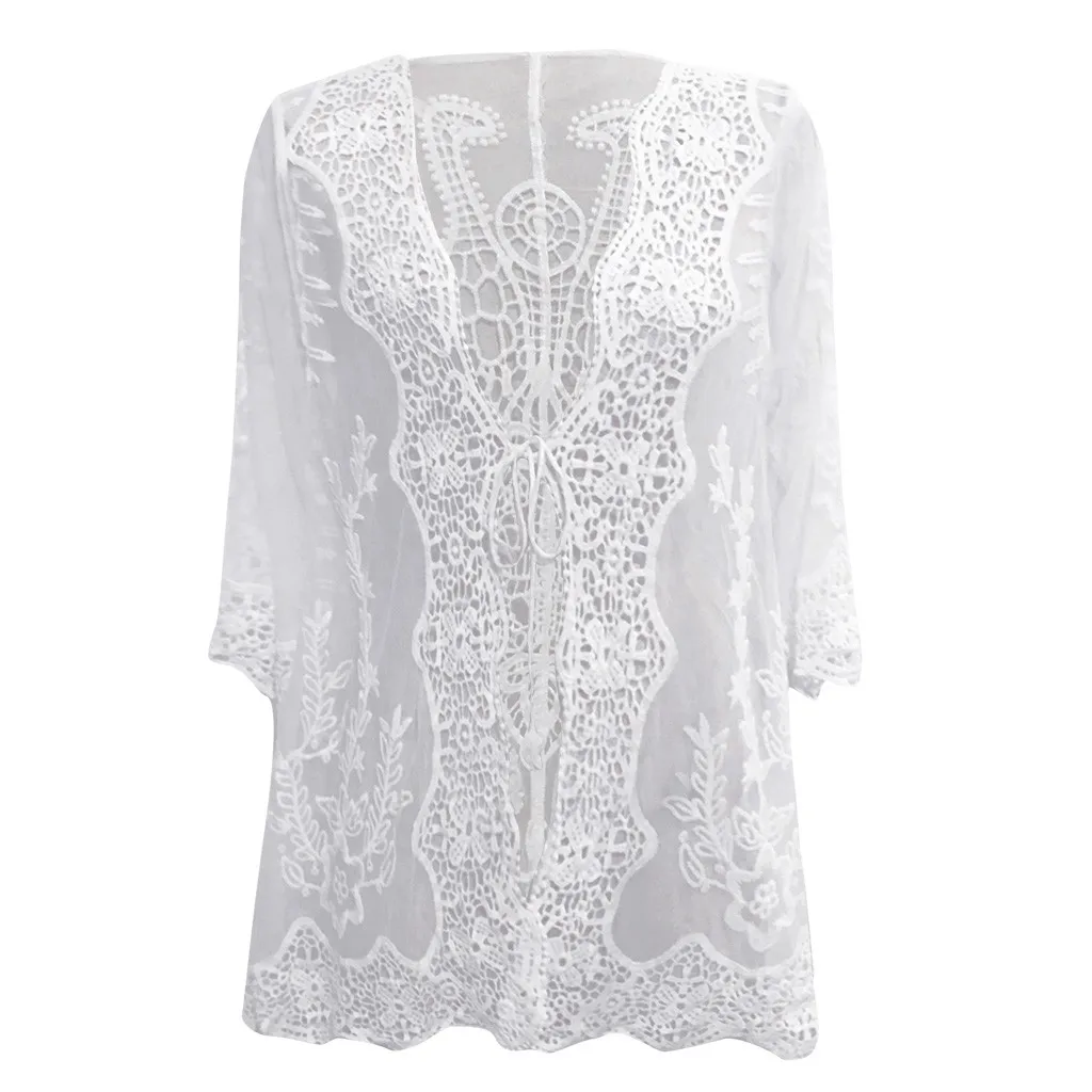 Женская Повседневная однотонная кружевная блузка без рукавов Прозрачная