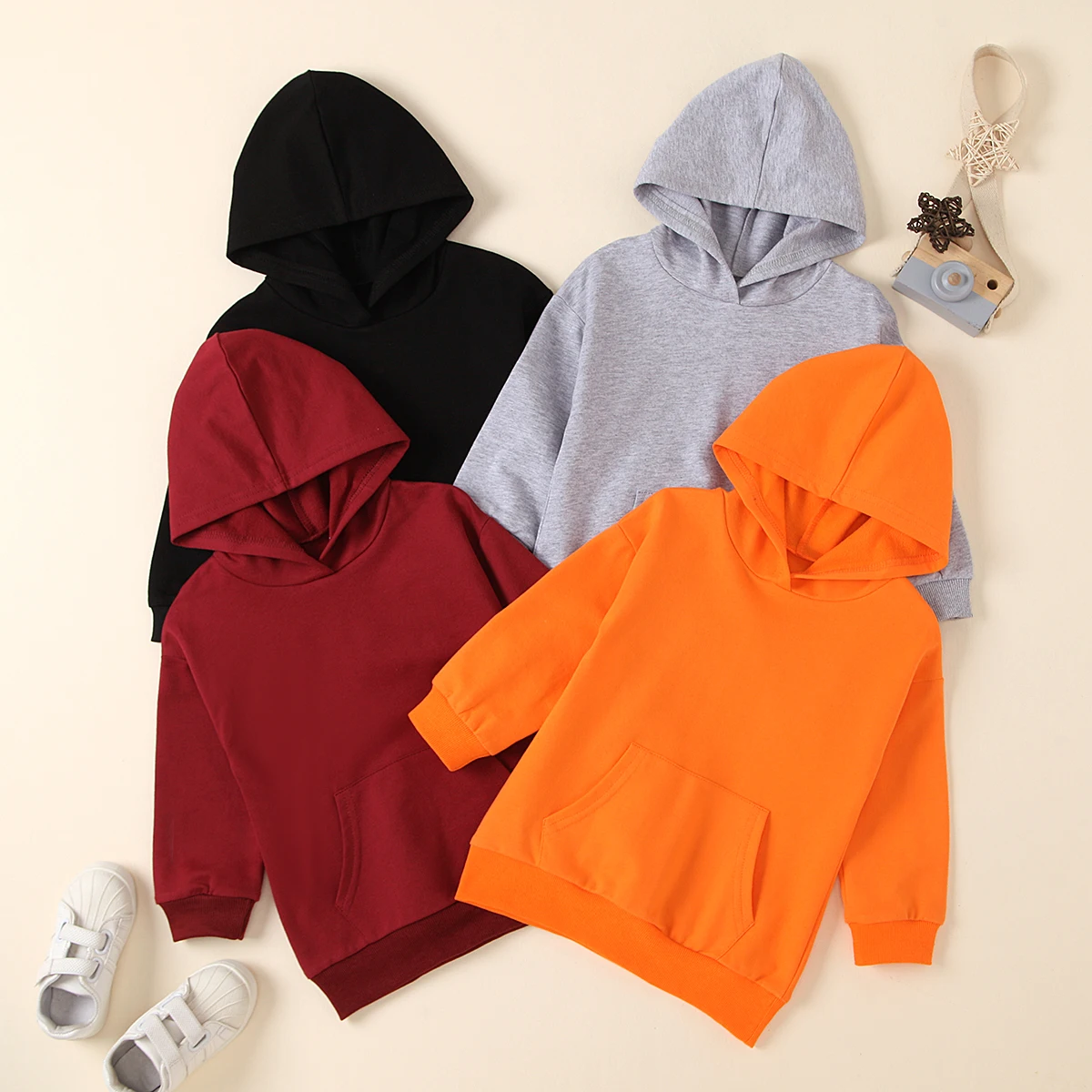 

Children's solid color long pocket hood sweater, spring and autumn coat and windbreaker