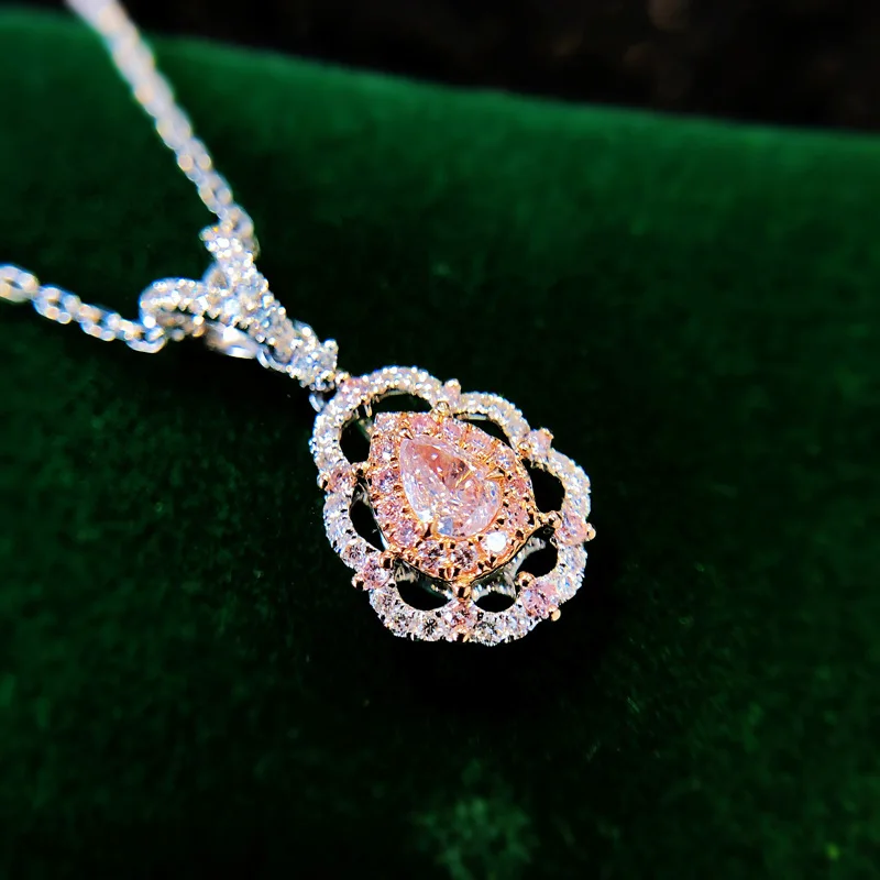 

2021 New Ins Style Cute Water Drop Pear Shape Flower Pendant Necklace with Pave Argyle Pink CZ Top Women Jewelry Fashion Trend