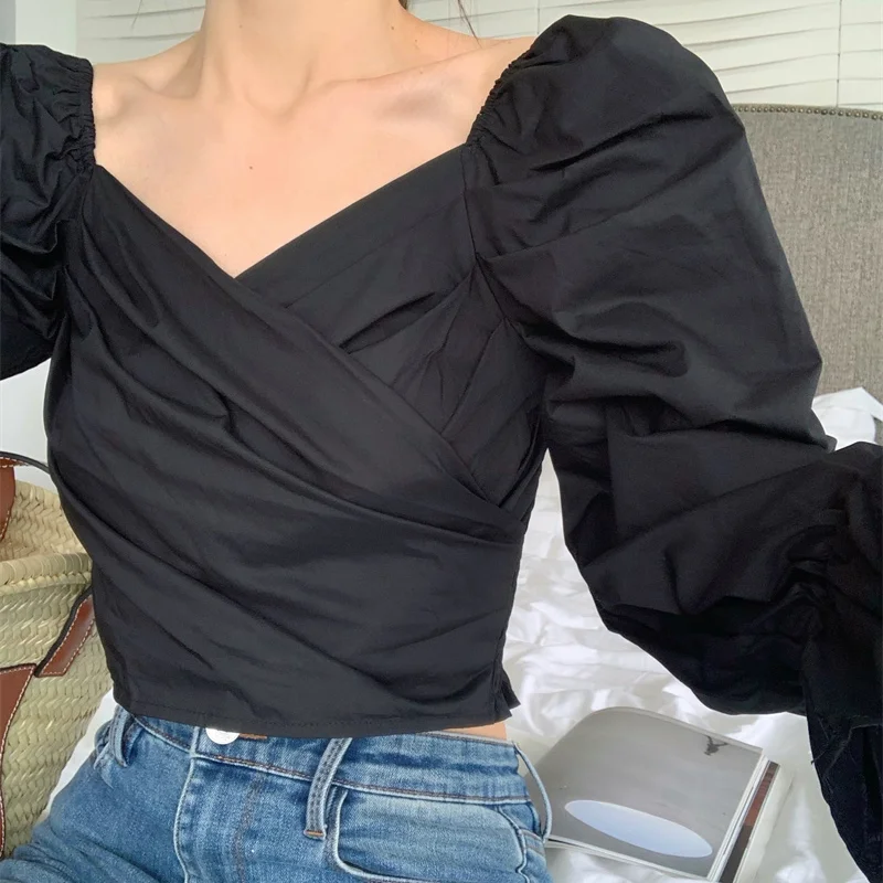 

Kimutomo Vintage Solid Blouse Women Slash Neck Off Shoulder Puff Sleeve Short Shirt Female Summer Fashion Korea Chic Elegant