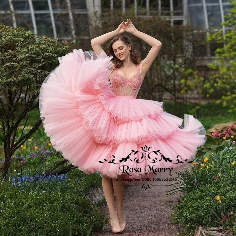 

Princess Pink Ball Gown Prom Dresses Off Shoulder Sequined Beaded Tiered Tulle Formal Evening Party Gowns For Women