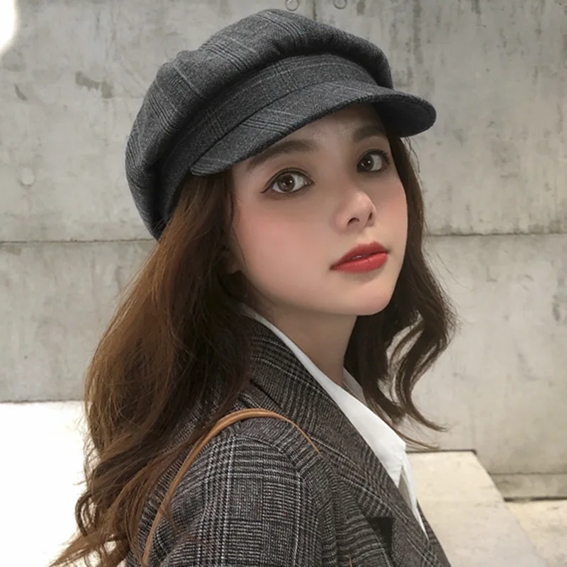 

New Hat Female Literary Retro Checkered Octagonal hat Spring and Autumn Korean Fashion Wild Duck Tongue Beret Newsboy Casual hat