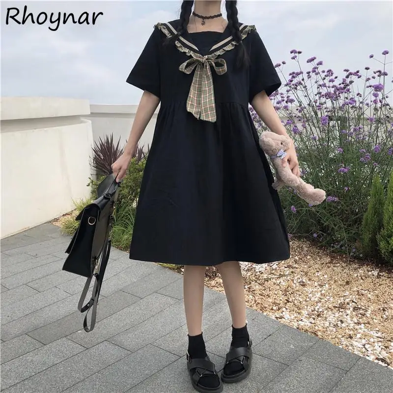 

Short Sleeve Dress Women Summer Kawaii Students Ulzzang Bow Fashion New Simple Sailor-collar Vintage Solid A-Line Leisure Tender
