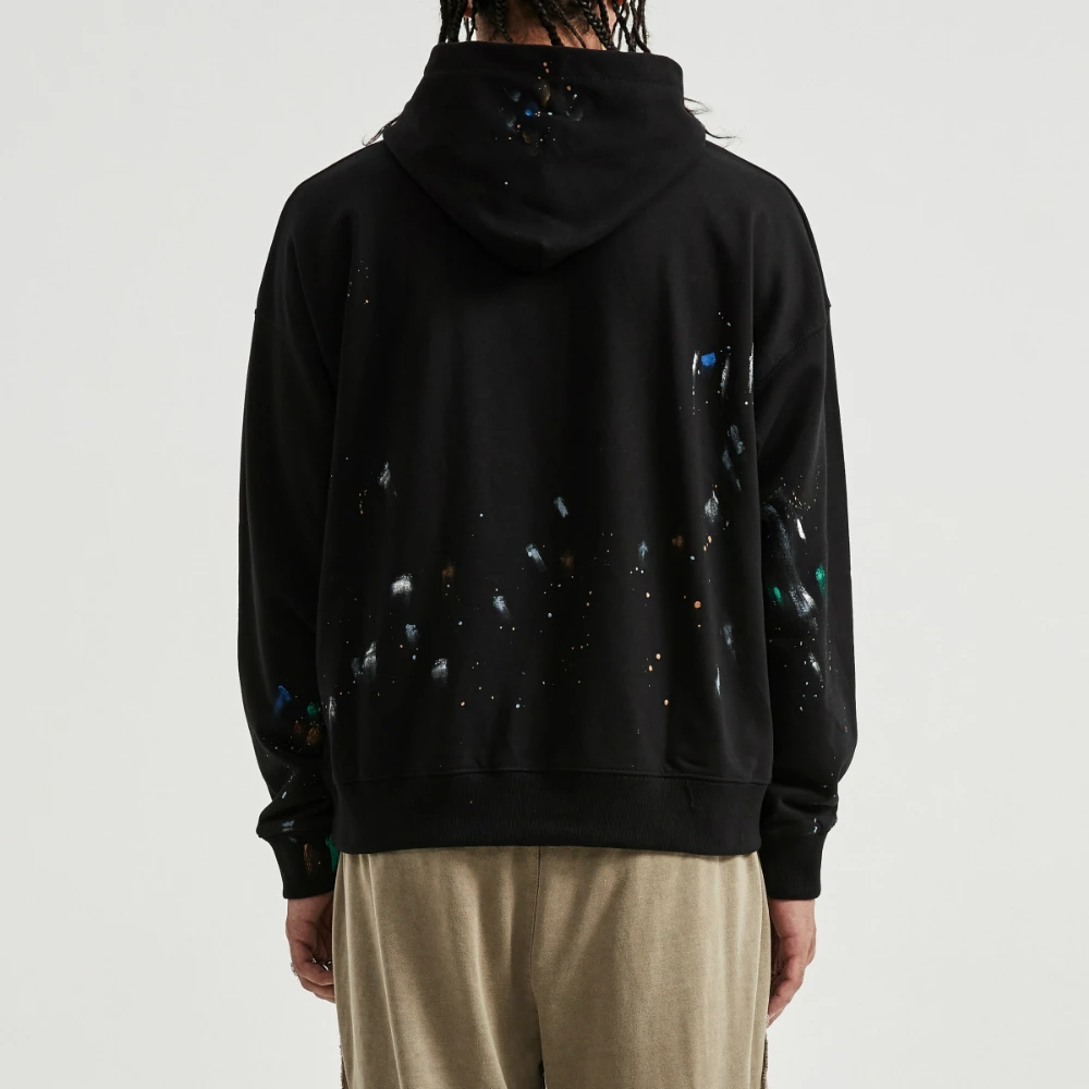 

Black Paint Splatters Hoodie Hip Hop Short Length Raglan Pullover Autumn Streetwear
