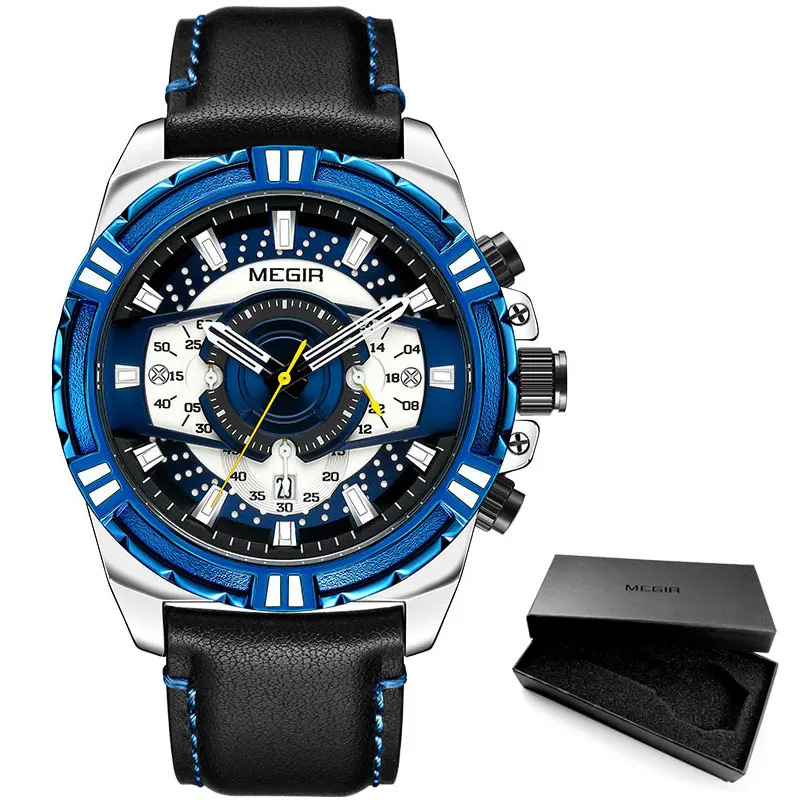 ML2118G-Blue MEGIR Мужские кварцевые часы Новые Роскошные Топ брендовые Хронограф военные спортивные кожаные Наручные часы мужские часы 2118 розовые - Цвет: ML2118G-Blue