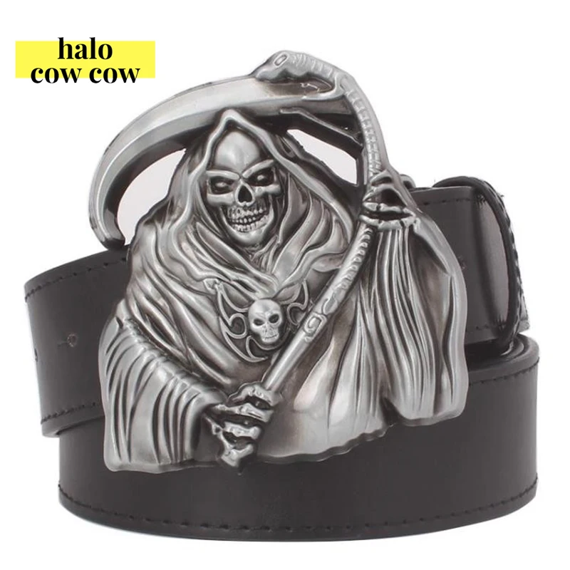 Мужской кожаный ремень с пряжкой в виде черепа черный или коричневый стиле панк