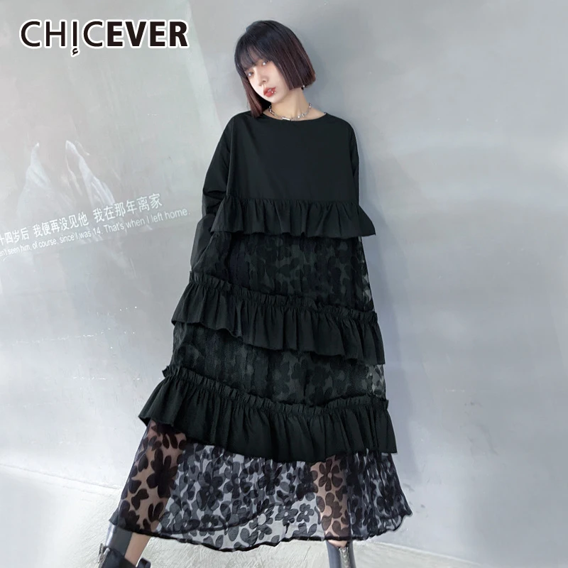 

CHICEVER Streetwear Casual Dress For Women Round Neck Lace Hem Ruffle Trim Loose Long Sleeve Mid Dresses Female 2021 Clothes New