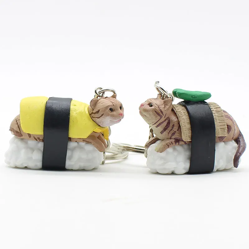 

New Japanese Food Cute Cartooon PVC Cat and Sushi Men 's Keychain Car Auto Keyring Metal Keychain Key Ring Pendant Jewelry