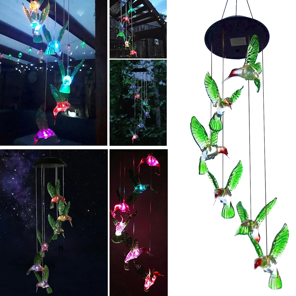 

Color Changing Solar Power Wind Chime Crystal Hummingbird Waterproof Outdoor Windchime Light for Patio Yard Garden