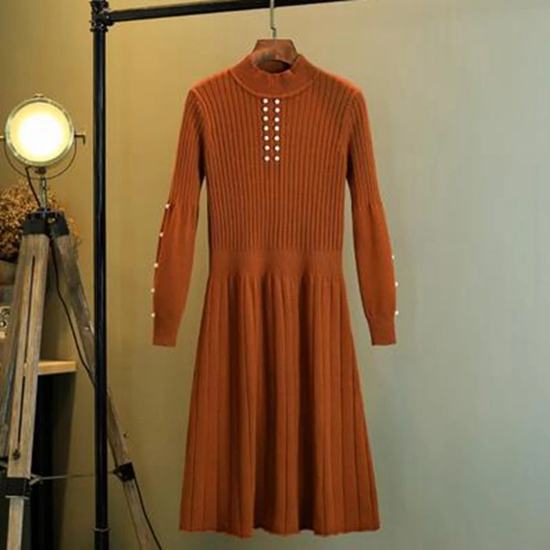 Brown XY7950 GIGOGOU шикарный с бисером свитер-водолазка Женский пуловер с длинным рукавом ТРАПЕЦИЕВИДНОЕ ПЛАТЬЕ Элегантное трикотажное Ребристое толстое теплое Макси-платье - Цвет: Brown XY7950