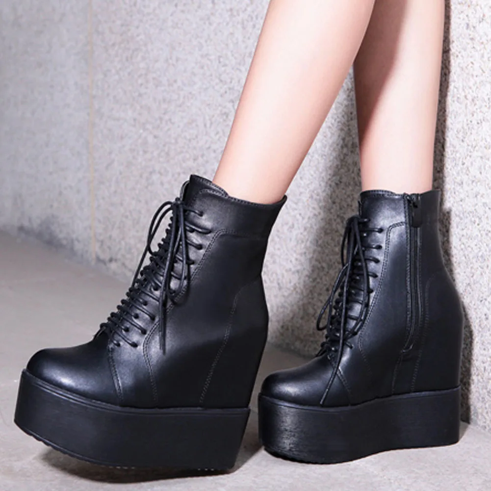 

BONJOMARISA New Arrivals Round Toe Platform Zipper Lace Up Leisure Casual Walking Ankle Boots Women Solid Black Round Toe Shoes