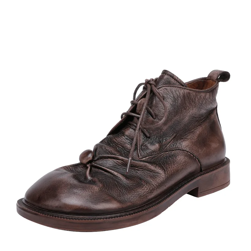 

2021autumn and winter new leather lace round toe solid color retro low-heel soft bottom handmade high-quality ladies ankle boots