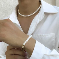 shixin imitation beaded pearl choker necklace bracelet for women short white pearls choker necklace men fashion jewelry set 2021