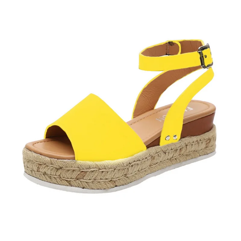 Yellow B Puimentiua/летние босоножки на платформе; коллекция года; Модные женские сандалии; обувь на танкетке; повседневные женские черные босоножки на платформе с открытым носком; большой размер 43 - Цвет: Yellow B