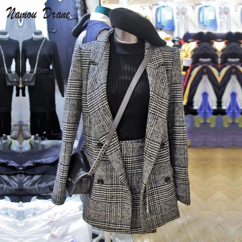 

20201 autumn spring long sleeve jacket coat women outwears plaid tweed skirts suit women 2 pieces sets women suits Houndstooth