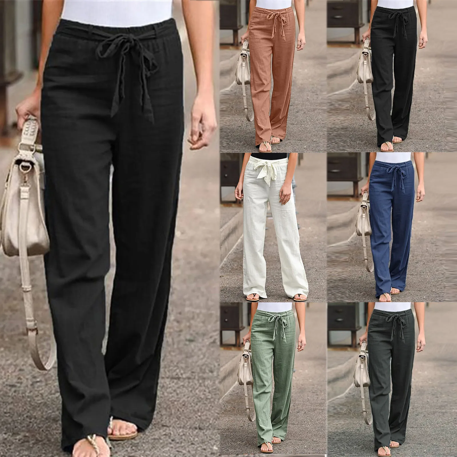 

Solid Color Linen Sashes Straight Long Pants Trousers Loose Women's High Waisted Office Lady Casual Pants Elastic Band Frenulum