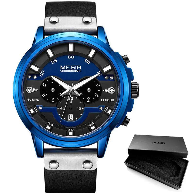 ML2080G-Blue MEGIR 24 часа хронограф кварцевые часы водонепроницаемые повседневные кожаные Наручные часы для мужчин светящиеся руки спортивные часы 2080 желтый - Цвет: ML2080G-Blue
