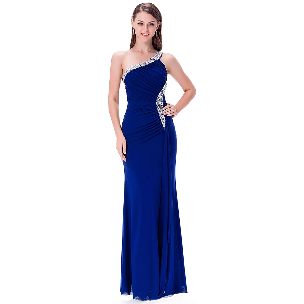 Женское дл.веч.платье, с бисером, Angel-Fashions, синее длинное вечернее платье с одним открытым плечом и разрезами, расшитое бисером, модель 075 411