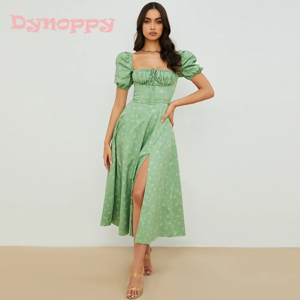 

Dynoppy New Chic Short Puff Sleeve Green Women Clothing Sexy Lovely Print Floral Dress Vintage Outfits Elegant Slit Midi Dress