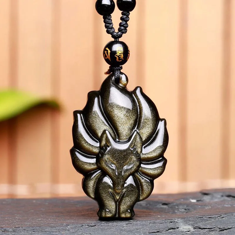 

Drop Shipping Natural Golden Obsidian Fox Necklace Lucky Amulet Nine-tailed Fox Pendant For Women Men Jade Jewelry Gift