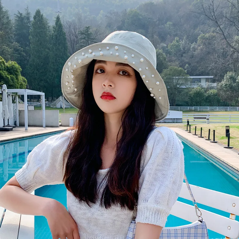 

COKK Bucket Hats For Women Pearl Beaded Fisherman Cap With Big Brim Summer Sunscreen Breathable Sun Hat Female Korean Ladies