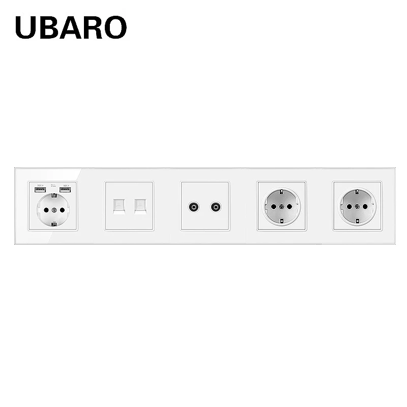 

UBARO German Standard Crystal Glass Panel Wall Socket With Weak RJ45/RJ11/ TV Connection Plug Sockets Home Outlet AC110-250V 16A