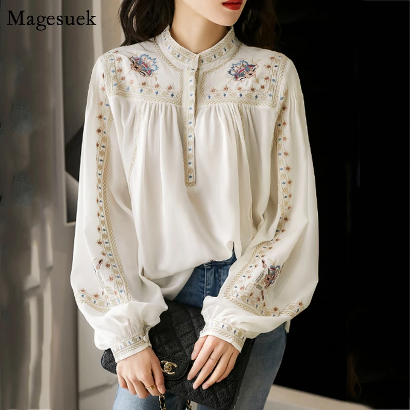 

Floral Embroidery Chiffon Shirt Women Korean Chic Vintage Elegant Lady Women Blouses Luxury Gorgeous Stand Collar Blusas 13835