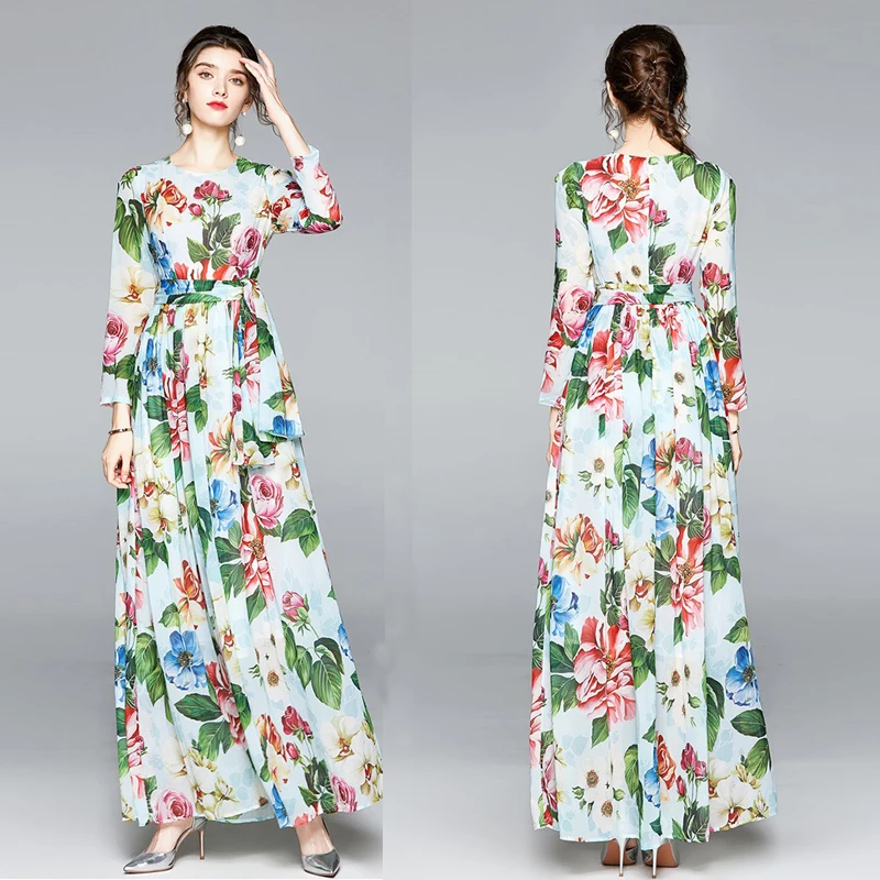 

2021 Newest Summer Designer Runway Beach Dress Fashion Robe Femme Long Sleeve Bohemia Floral-Print Party Chiffon Maxi Dresses