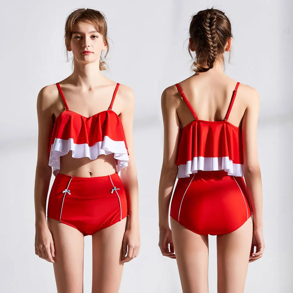 

Купальный костюм женский, бикини с воланами и высокой талией, разные цвета