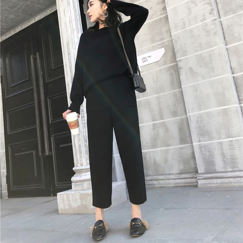 Black Autumn Winter Knitted Set Women Thick Warm O-Neck Loose Knit Suit Slim Pocket Harem Pants Oversized Casual Elegant Black Clothes - Цвет: Black