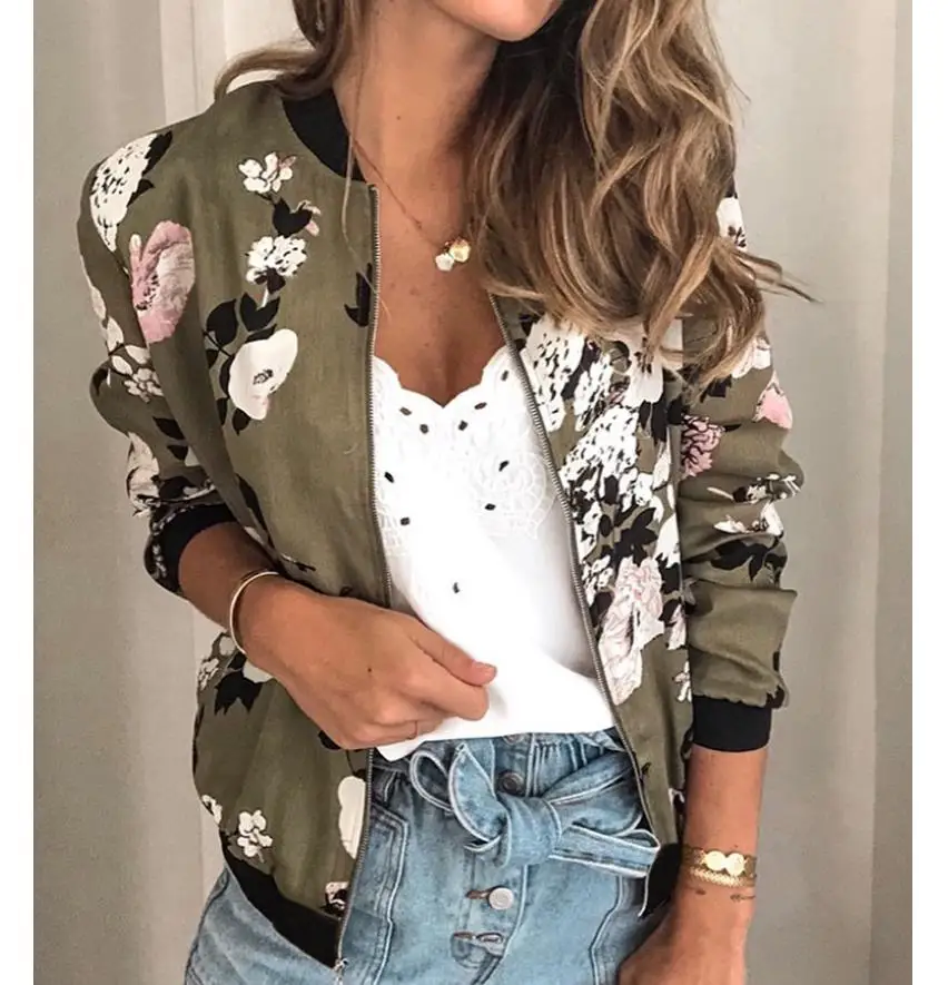 

New Style Women Bomber Jacket Thin Printing Jackets Fashion Basic Long Sleeve Coat Casual Windbreaker Stand Collar Slim Outerwea