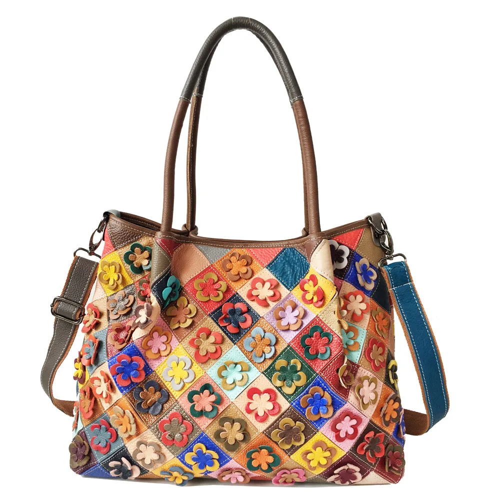 

Bolso de piel de vaca para mujer, bolsa de cubo de gran volumen, a la moda, de un solo hombro, de retales multicolor