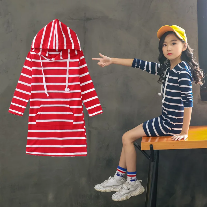 Dress for Girls Teen Strip Hoodie Cotton Korean Fall Autumn Winter Princess Long Costume 2 3 4 5 6 7 8 9 10 11 12 Year | Детская одежда