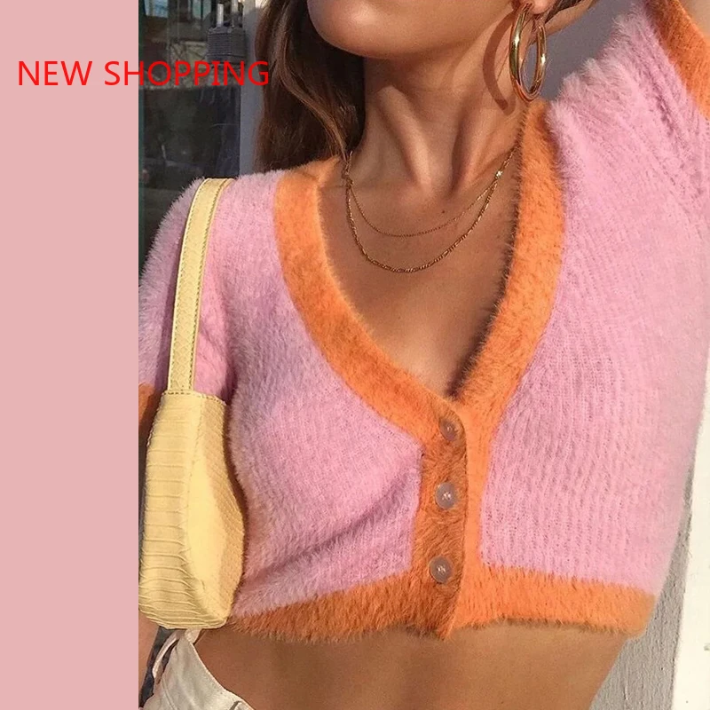 

sweet Streetwear Patchwork Short Sleeve Y2K Cropped Cardigans Sweater For Women 2021 Autumn V Neck Casual 90s Cute Sweater pink
