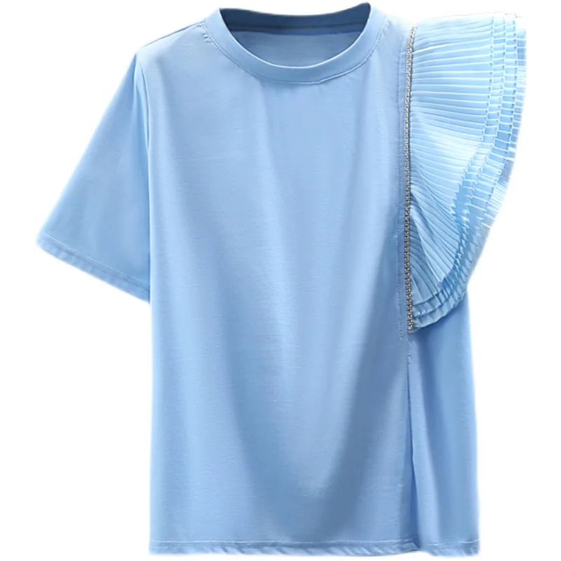 

Exquisite Rhinestone Irregular Patchwork Short Sleeve T-shirts Woman 2021 Summer Slimming Solid Color Pleated Ruffle Top Femme