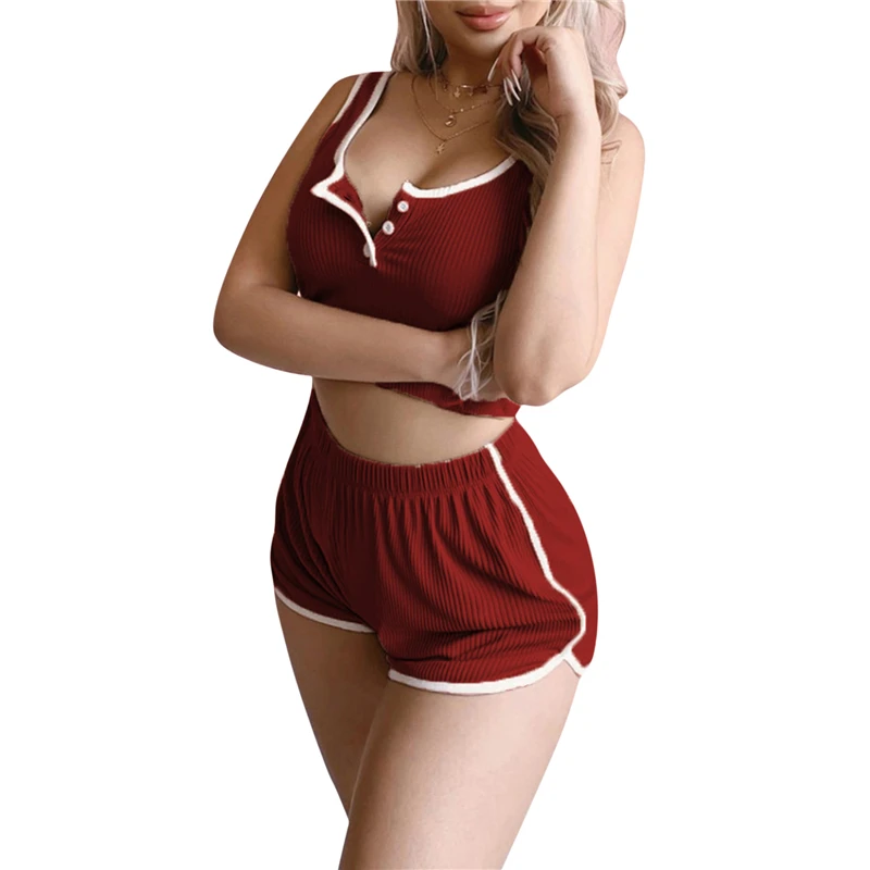 

Summer Women 2Piece Sets Workout Cropped Tank Tops Sleeveless Spaghetti Straps Camisole Tight High Waist Shorts Tracksuit Set