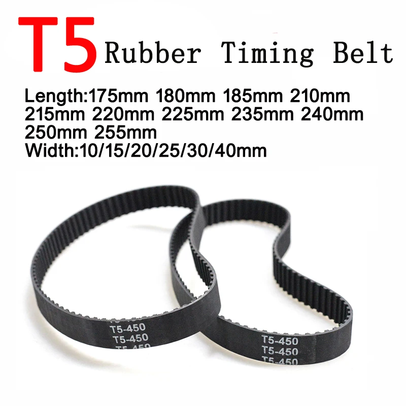 

2pcs Rubber T5 Timing Belt Trapezoidal Tooth Pitch 5mm Industrial Synchronous Transmission Belt 175/180/210/220/240/250/255mm