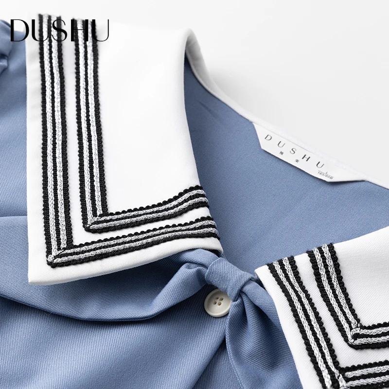 

DUSHU Plus size sweet blue long pleated dress Women tie front autumn winter elegant dress Female long sleeve vintage shirt dress