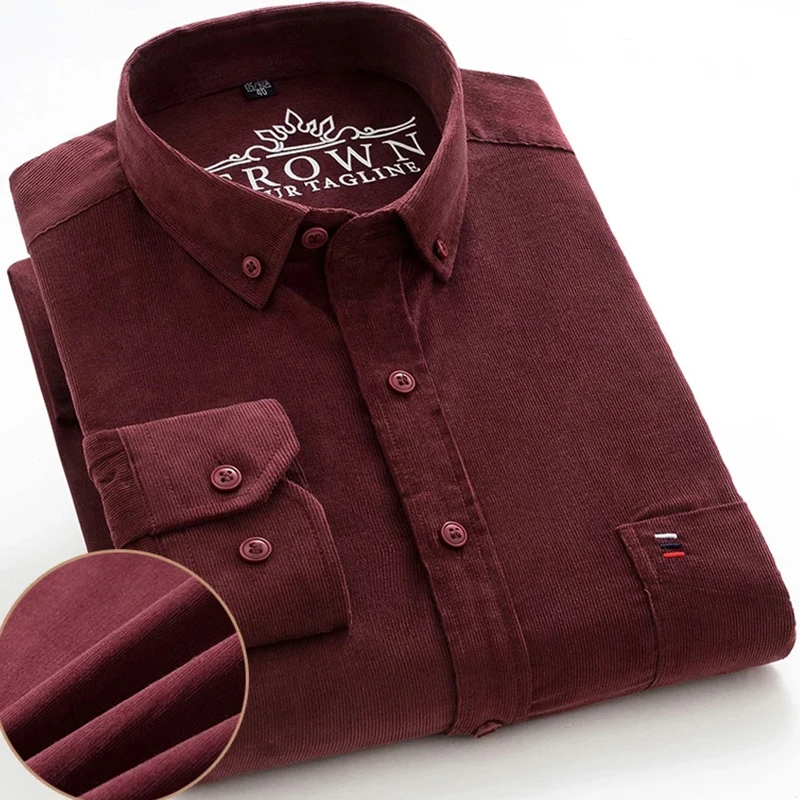 Plus Size 7XL Corduroy100% Cotton Shirt Mens Casual Long Sleeve Regular Fit Business Dress Shirts For Male Comfortable Pocket