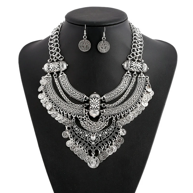 

Fashion Choker Collar Jewelry Sets For Women Coin Tassel Ethnic Gypsy Bohemian Statement Collier Necklaces Drop Dangle Earrings