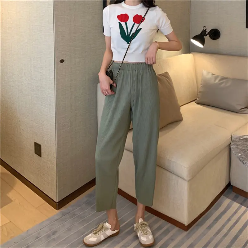 

Hzirip Comfortable Soft Pleated 2020 Straight Loose Summer High Waist Ankle-Length Pant Solid High Street Casual Pencil Trousers