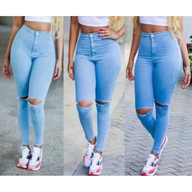 

Summer Hot Sale Jeans Pants Womens Full Length Fashion Jeans Pants Fashion Denim Strech Blue Skinny Hole Ripped Pencil Pants