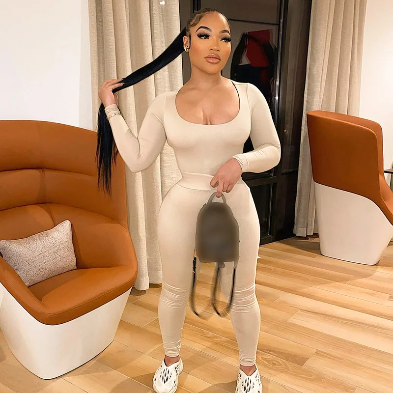 

Echoine Solid Long Sleeve Skinny Bodycon Bodysuit and Pants Set Two Piece Set Matching Set Rompers Women Clubwear Fall Clothing