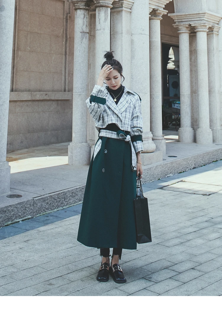 

Trench Coat Women Korean Fashion Splice Plaid Loose Casual Sashe Long Windbreaker Female Elegant Double Breasted Overcoat Cloak