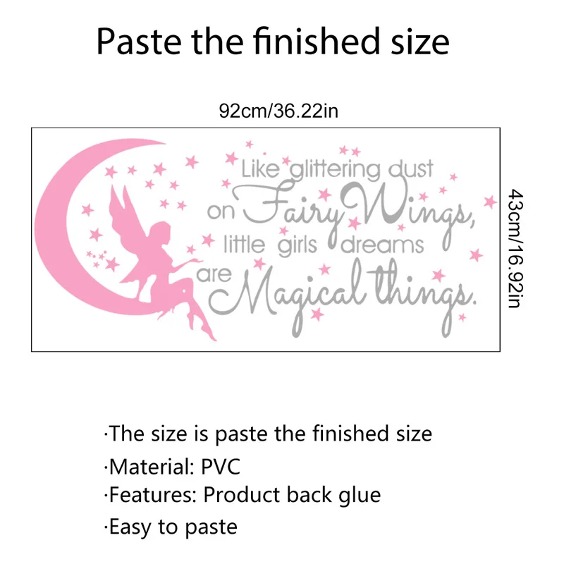 

Tofok Pink Moon Star Fairy English Letters Wall Sticker Bedroom Living room Children's room Creative Decoration Sticker