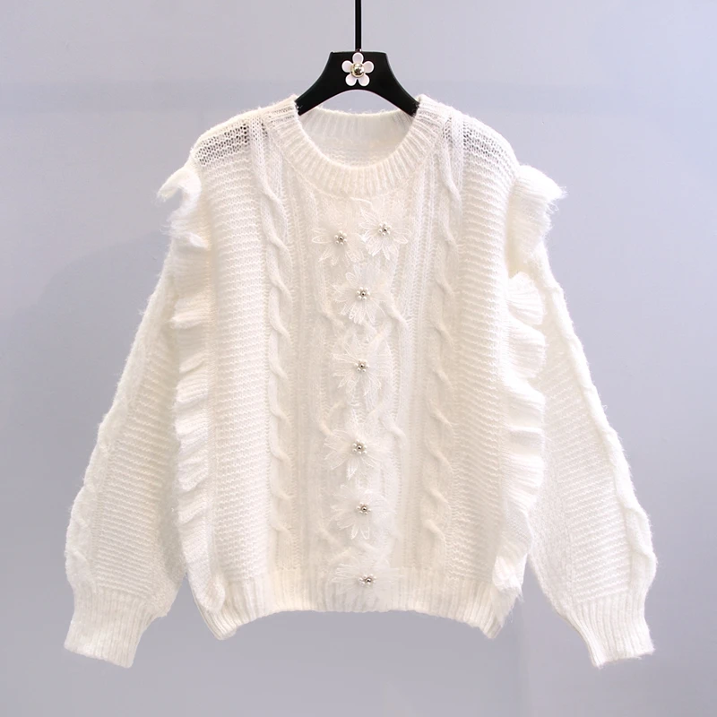 

Свитер женский тонкий трикотажный с ушными боковыми швами и бусинами в японском стиле на раннюю осень 2021