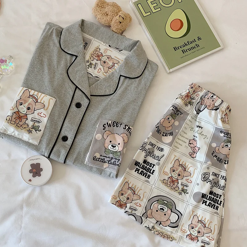 

Cute Pajamas for Women Summer Kawaii Bear Print Sleepwear Girls Korean Lapel Pyjamas Plus Size Loose Pijamas Two Piece Home Suit
