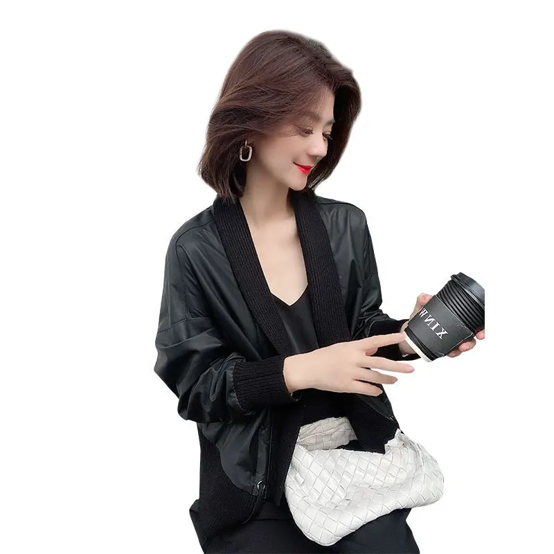 

Bobowaltz wind stitching loose fashion handsome leather coat female European women's 2020 autumn